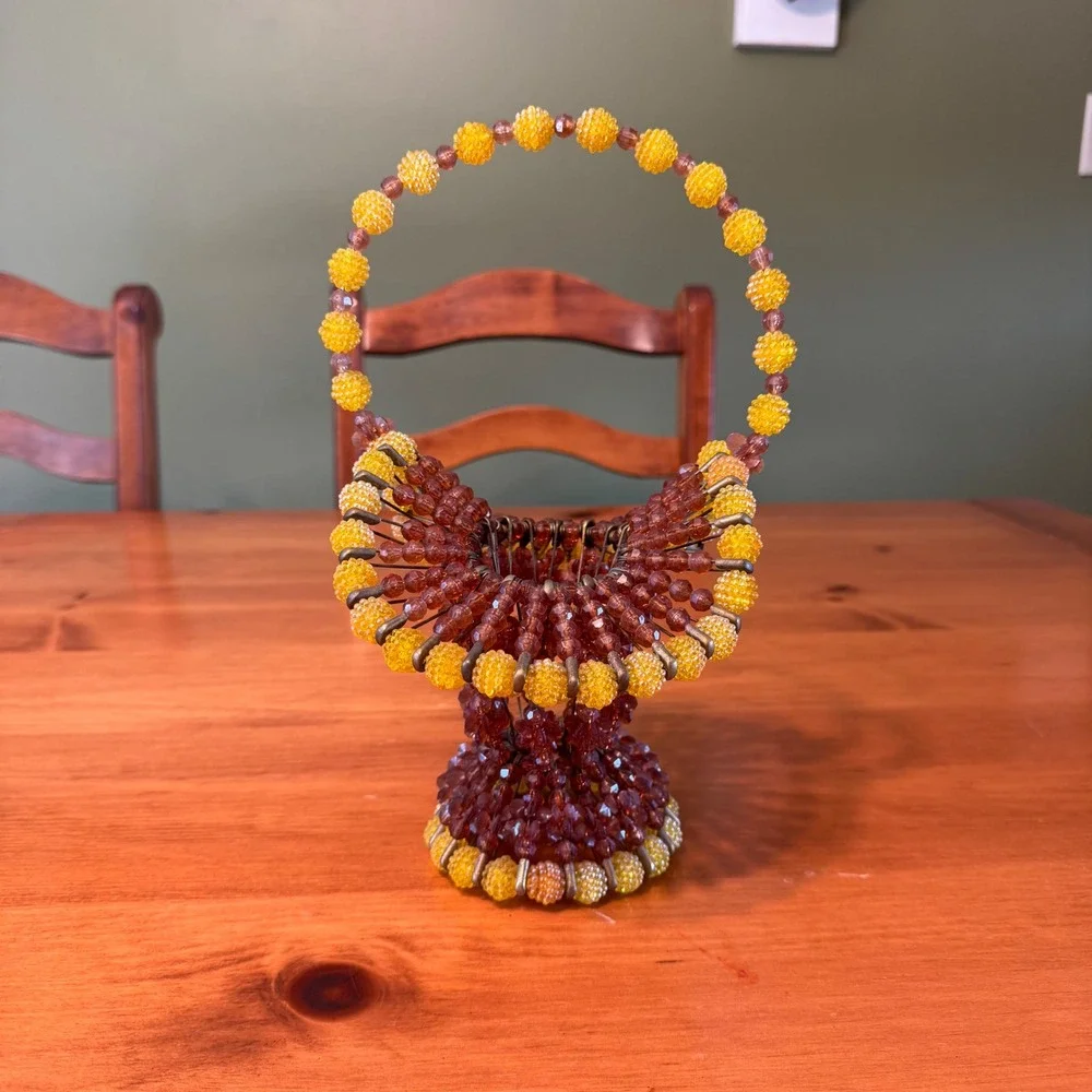 Vintage Safety Pin Beaded Basket Folk Art Amber Yellow Brown